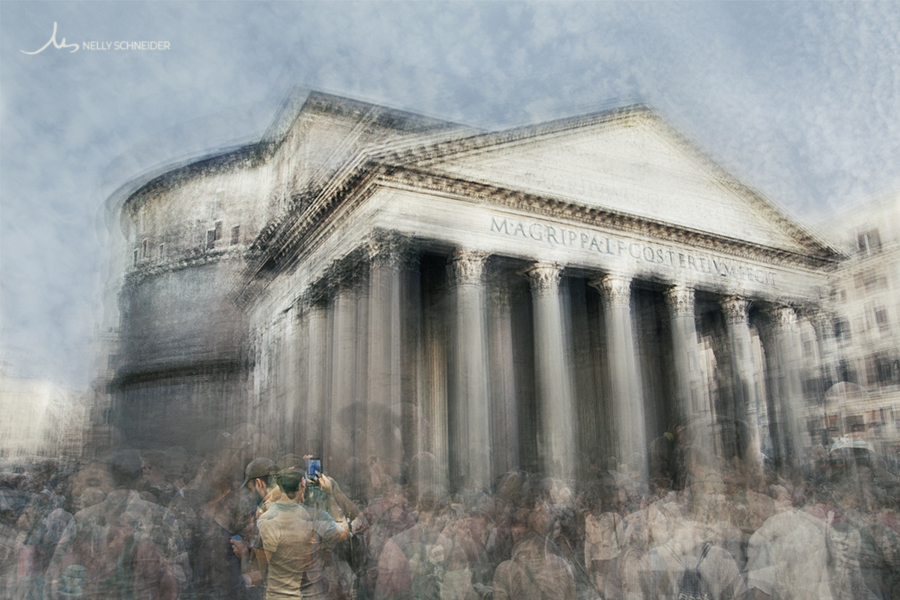 a view of the pantheon in rome with a crowd of tourists on the foreground